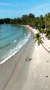 Birkaç Asyalı kadın ve Avrupalı erkek Tayland 'daki el değmemiş Koh Kood Adası plajı boyunca huzurlu bir yürüyüş yapıyorlar. Turkuaz sular, bereketli palmiye ağaçları tarafından çerçevelenmiş, yavaşça kıyıya vurur. 
