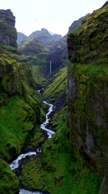İzlanda 'daki nefes kesici Mulagljufur Kanyonu' nu keşfedin. Orada yüksek yeşil kayalıklar kıvrımlı bir nehir oluşturur. Şafakta bu uzak cennetin dinginliğini ve doğal ihtişamını keşfedin..
