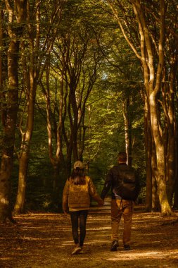 Speulderbos, Veluwe 'de, sıcak sonbahar renklerinde ağaçlarla çevrili sakin bir patika boyunca el ele yürüyoruz. Huzurlu atmosfer sükuneti davet ediyor..