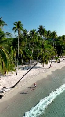 Relax on the beautiful shores of Koh Kood Island in Thailand. White sands and swaying palm trees create a tropical paradise where A couple of Asian women and Caucasian men on vacation relax on a swing