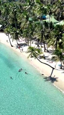 Calm turquoise waters greet visitors on the stunning beach of Koh Kood in Thailand. Lush palm trees offer shade, while people relax and enjoy the tranquil atmosphere.