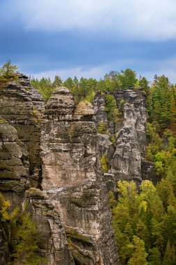 Dresden ve Elbe nehri kıyısındaki Saksonya, Almanya 'daki ulusal park Sakson İsviçre' deki Kurort Rathen köyü yakınlarındaki Bastei kumtaşı sütunları üzerinde panoramik kuş manzarası