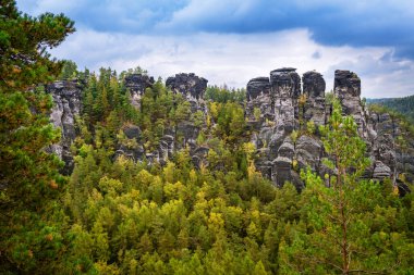 Dresden ve Elbe nehri kıyısındaki Saksonya, Almanya 'daki ulusal park Sakson İsviçre' deki Kurort Rathen köyü yakınlarındaki Bastei kumtaşı sütunları üzerinde panoramik kuş manzarası