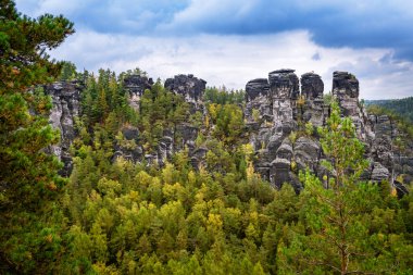 Dresden ve Elbe nehri kıyısındaki Saksonya, Almanya 'daki ulusal park Sakson İsviçre' deki Kurort Rathen köyü yakınlarındaki Bastei kumtaşı sütunları üzerinde panoramik kuş manzarası