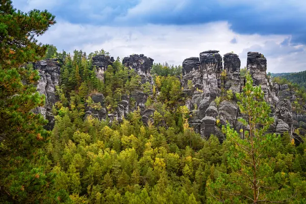 Dresden ve Elbe nehri kıyısındaki Saksonya, Almanya 'daki ulusal park Sakson İsviçre' deki Kurort Rathen köyü yakınlarındaki Bastei kumtaşı sütunları üzerinde panoramik kuş manzarası