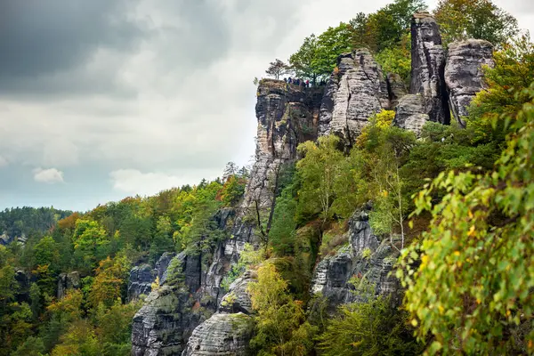 Dresden ve Elbe nehri kıyısındaki Saksonya, Almanya 'daki ulusal park Sakson İsviçre' deki Kurort Rathen köyü yakınlarındaki Bastei kumtaşı sütunları üzerinde panoramik kuş manzarası