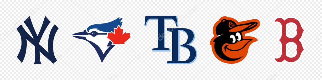 Vinnitsa, Ukraine - December 27, 2022: MLB american league east sport baseball teams logo set.