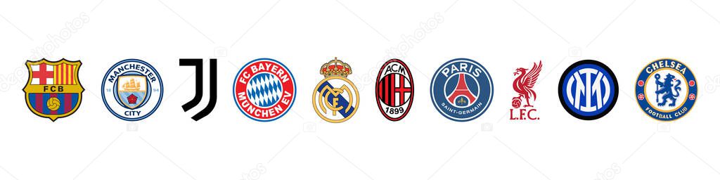Vinnitsa, Ukraine - Fabruary 07, 2023: Most popular european football teams logo