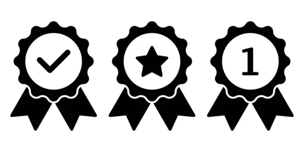 Distintivo Com Fitas Roseta Medalha Qualidade Conjunto Ícones Vencedores —  Vetores de Stock