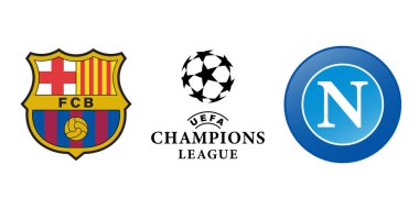 Vinnitsa, Ukrayna - 26 Aralık 2023: Barcelona futbol takımı Napoli logosuna karşı. Şampiyonlar Ligi. Vektör editör illüstrasyonu
