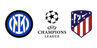 Vinnitsa, Ukrayna - 26 Aralık 2023: Football Inter vs Atletico logosu. Şampiyonlar Ligi. Vektör editör illüstrasyonu