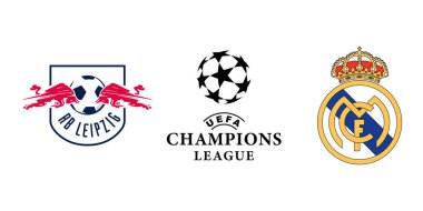 Vinnitsa, Ukrayna - 26 Aralık 2023: Leipzig futbol takımı Real Madrid logosuna karşı. Şampiyonlar Ligi. Vektör editör illüstrasyonu