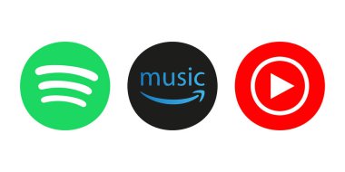 Spotify, Amazon müziği, Youtube, müzik. Müzik şirketi logosu simgeleri.