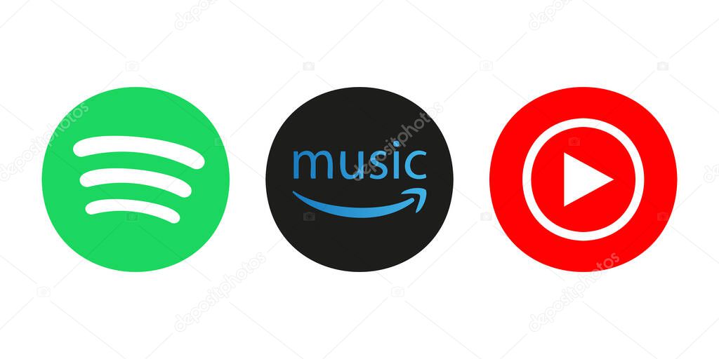 Spotify, Amazon music, Youtube, music. Music company logo icons.