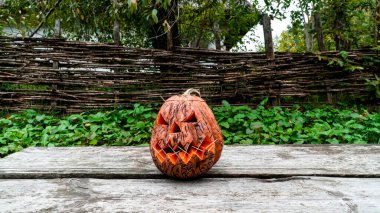 Kırsal bir bölgenin arka planında uğursuz bir yüzü olan oyulmuş bir balkabağı. Cadılar Bayramı Sembolü.