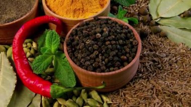 Aromatik baharat karışımı: siyah biber, zerdeçal, kimyon tohumu, kişniş, defne yaprağı ve taze kırmızı biber. Çeşit çeşit Doğal Yemek Baharatları