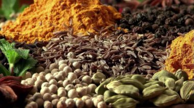 Aromatik baharatların renkli karışımı: zerdeçal, kakule, kimyon, biber. Parlak karışım Kapat.