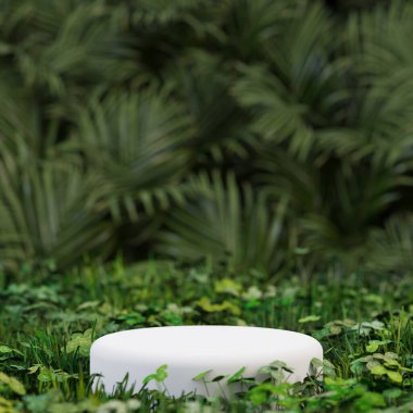 Yeşil bahçede boş beyaz mermer podyum. 3 boyutlu görüntüleme. ürün sergisi. Bulanık arkaplan DoF