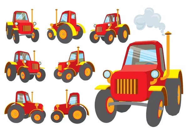 Set Gambar Traktor Merah Sudut Yang Berbeda Ilustrasi Vektor - Stok Vektor