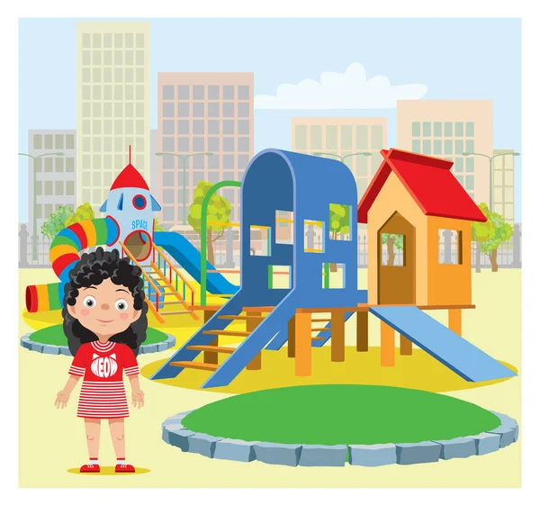 Una Ragazza Parco Giochi Bambini Sullo Sfondo Paesaggio Urbano Illustrazione — Vettoriale Stock