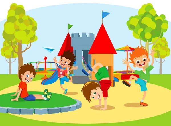 Bambini Che Giocano Nel Parco Giochi Illustrazione Vettoriale — Vettoriale Stock