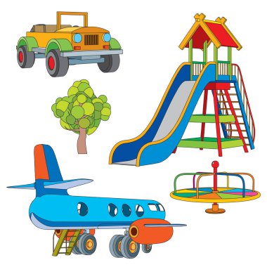 Çocuk parkı için bir takım nesneler. Vektör illüstrasyonu beyaz arkaplanda izole edildi 