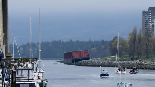 Довгі Лінзи Кораблів Минають Чилінг Барж Пляжі Ванкувера Сансет — стокове відео