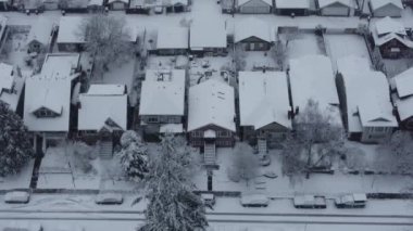 Karla kaplı çatıların üzerinden Kanada 'da buzlu bir yola ve ağaçlara doğru uçar