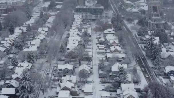 Vista Aérea Panorámica Las Casas Canadienses Cubiertas Nieve — Vídeos de Stock