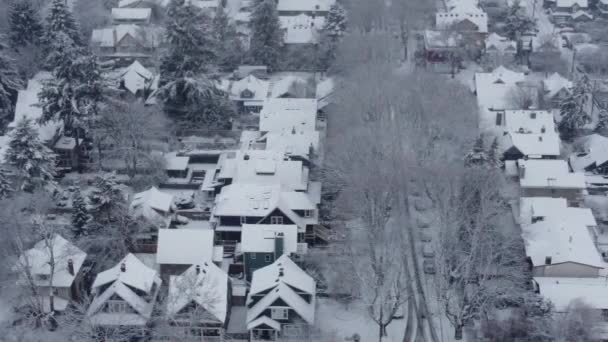 Right Left Flying Snowy Small Houses Roofs Trees Snow Canada — Stock Video