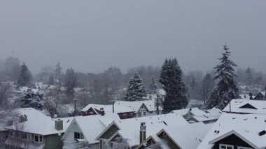 Kamera patlaması Vancouver 'daki evlerde kar ve kar taneleri ön planda.