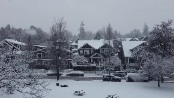 在大雪的日子里 摄像机前的雪花飘扬 开放了房屋 — 图库视频影像