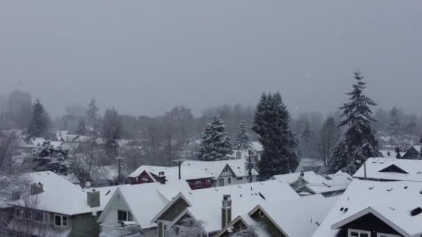 Kameraboom Auf Schneebedeckten Häusern Vancouver Und Schneeflocken Vordergrund — Stockvideo