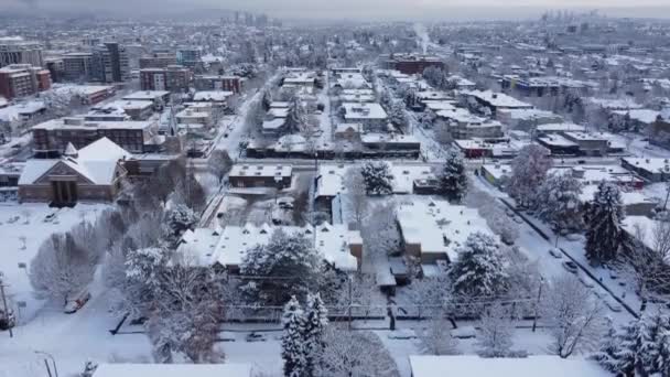 Luftaufnahme Von Mit Schnee Bedeckten Dächern Kanadischer Stadt — Stockvideo