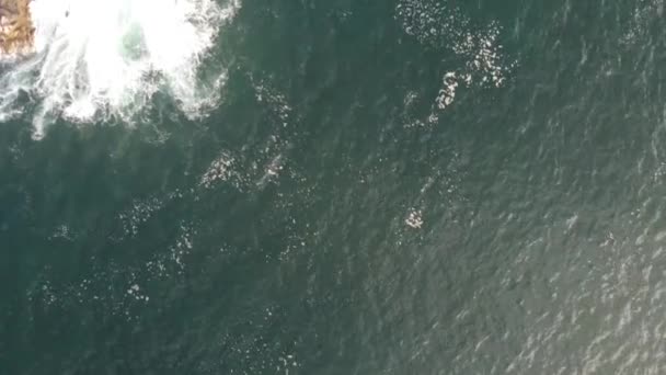 Top View Waves Crash Rugged Rocky Shore — 图库视频影像