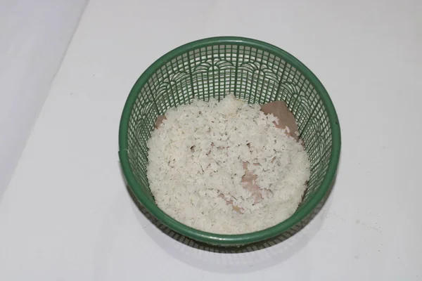 Photo White Rice Green Container — Stock Photo, Image
