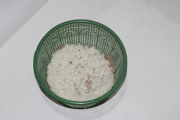 Φωτογραφία Του Λευκού Ρυζιού Πράσινο Δοχείο — Φωτογραφία Αρχείου