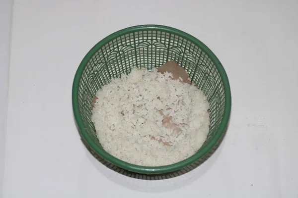 Photo White Rice Green Container — Stock Photo, Image