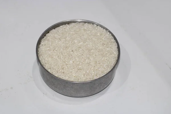 Photo White Rice Small Iron Container — Stock Photo, Image