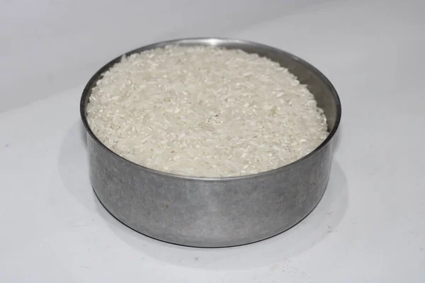 Photo White Rice Small Iron Container — Stock Photo, Image