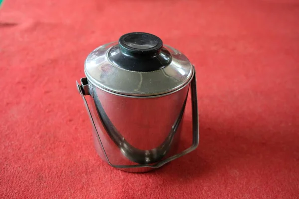 Silver Stainless Teapot Red Background — Stock Photo, Image
