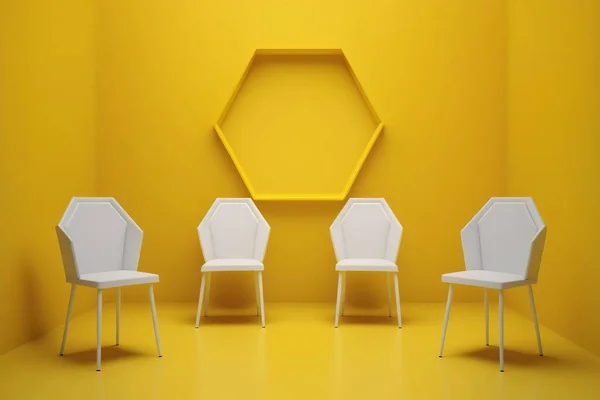 a yellow room empty with chairs and a potted plant