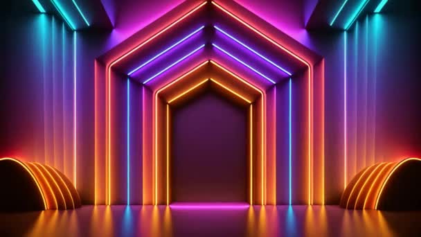 カラフルな輝くネオンと製品プレゼンテーションの表彰台を持つ抽象的な幾何学的背景 Ledランプ 蛍光紫外線 カラフルな照明 テクノロジー 3Dループアニメーション — ストック動画