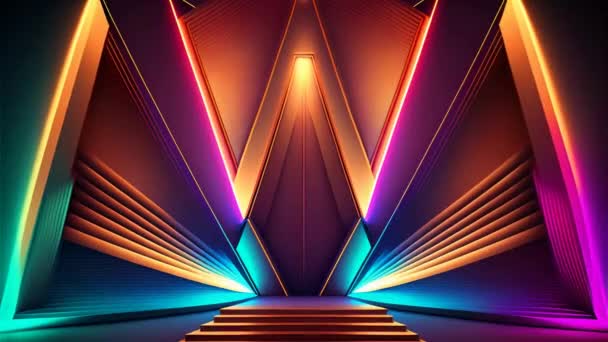 カラフルな輝くネオンと製品プレゼンテーションの表彰台を持つ抽象的な幾何学的背景 Ledランプ 蛍光紫外線 カラフルな照明 テクノロジー 3Dループアニメーション — ストック動画