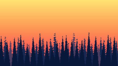 Turuncu-sarı gökyüzü arka planında yoğun orman desenli günbatımı, vektör kozalaklı orman manzarası minimum stilde illüstrasyon.