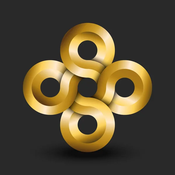 無限の幾何学的な形状 ジュエリーワークショップやショップのための金のグラデーション無限のシンボルを重ねる5つの黄金の円からの無限のロゴ3D — ストックベクタ