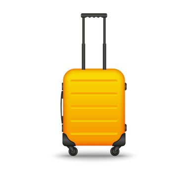 Yellow hard suitcase on wheels with retractable handle front view, realistic vector object isolated on white background.