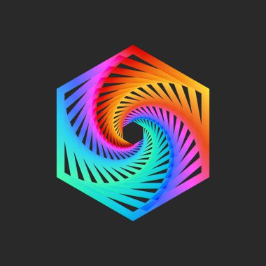 Hexagon logo bright spiral perspective pattern with twisting, mystic portal fractal geometric shape, hypnotic rainbow gradient.