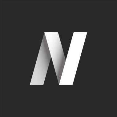Monogram kalın harf N 3D logo, kırık çizgi sembolü tasarım fikri, kağıt kesiği kurdeleler siyah beyaz gradyan, yaratıcı kimlik moda salonu zigzag amblemi.