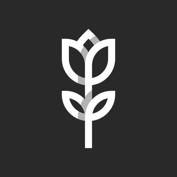 最小のスタイルでチューリップの花のロゴ 黒い背景に白い交差線の茎と葉を持つ1つの花 ブティックや美容室のための女性のシンボル — ストックベクタ